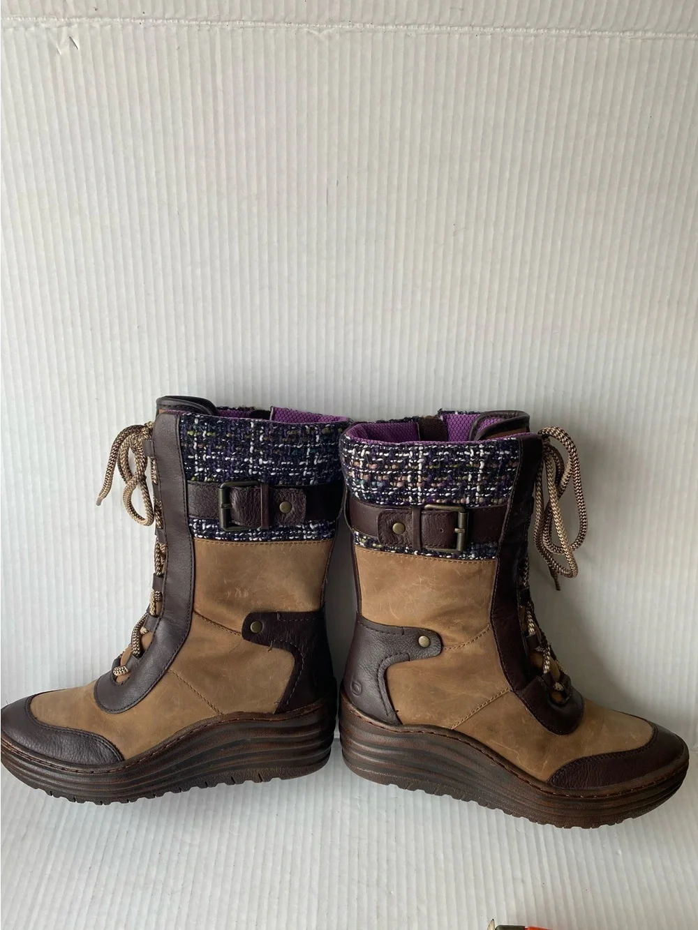 BIONICA Garland Brown Leather Purple Tweed Wedge Snow Boot 6.5 Gorpcore